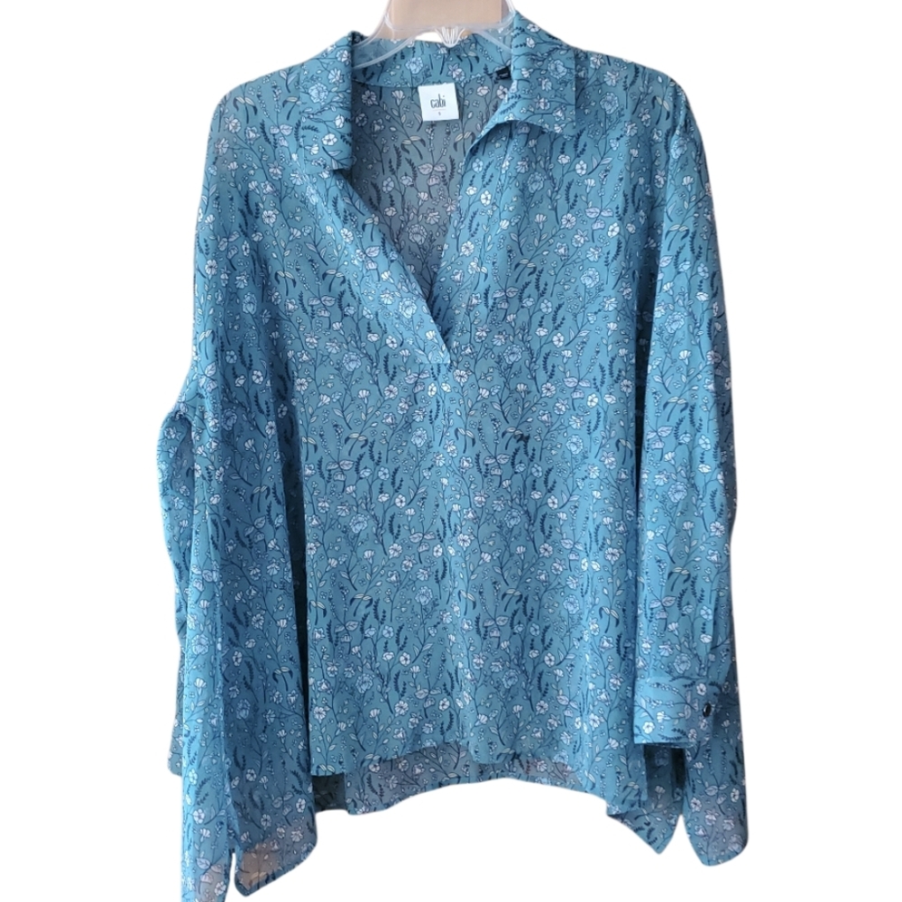 CAbi 3761 Chase Blue Teal Floral Women's Flowy Semi Sheer Top Size Small
